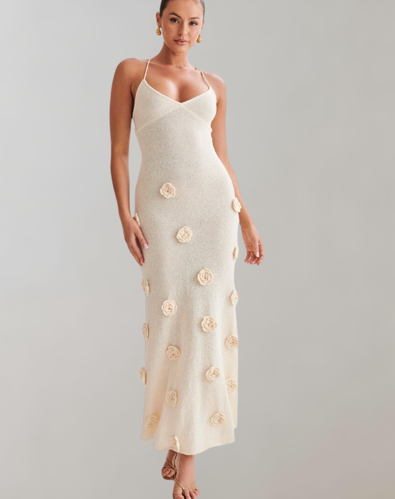 Maxikleid Mit Tiefem Ausschnitt Und Rosendetail