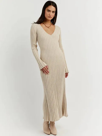 Elegantes Midikleid, Gerippter V-Ausschnitt