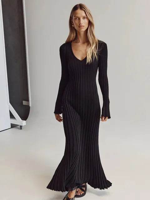Elegantes Midikleid, Gerippter V-Ausschnitt