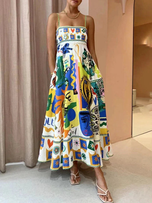 Gemustertes Maxikleid Mit Quadratischem Ausschnitt