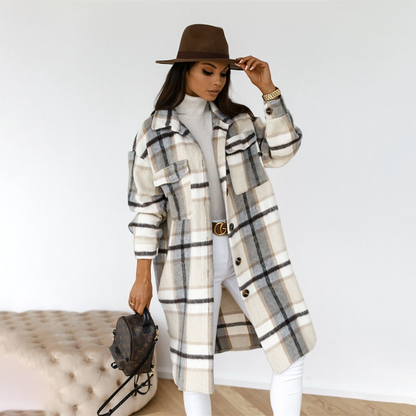 Elegante Karojacke İm Longshirt-Stil Für Damen