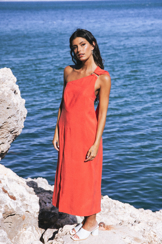 Kurzärmliges Midikleid Mit One-Shoulder-Träger