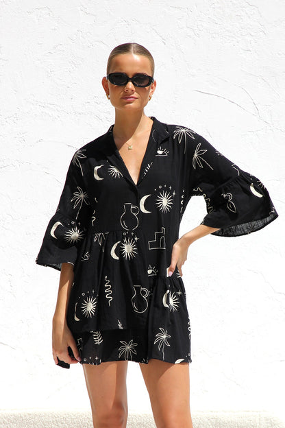 Beiges Gemustertes Oversize-Hängerkleid