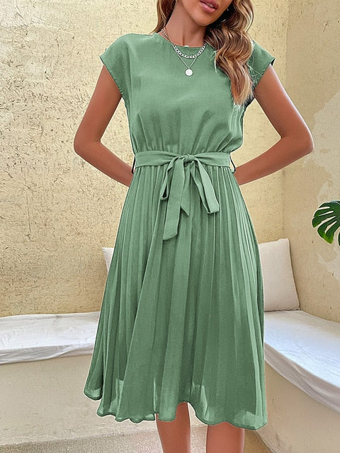 Kurzärmliges, Plissiertes, Lässiges Midikleid