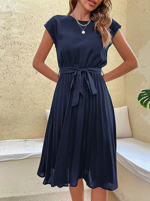 Kurzärmliges, Plissiertes, Lässiges Midikleid
