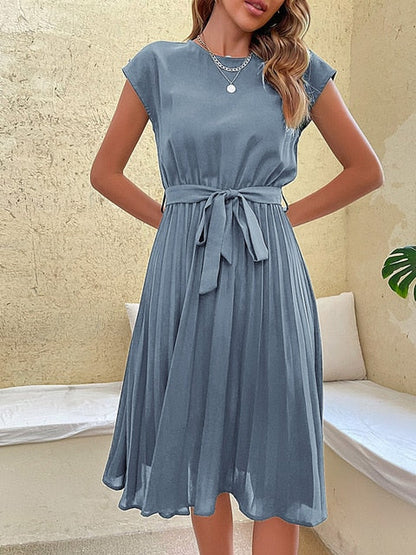 Kurzärmliges, Plissiertes, Lässiges Midikleid