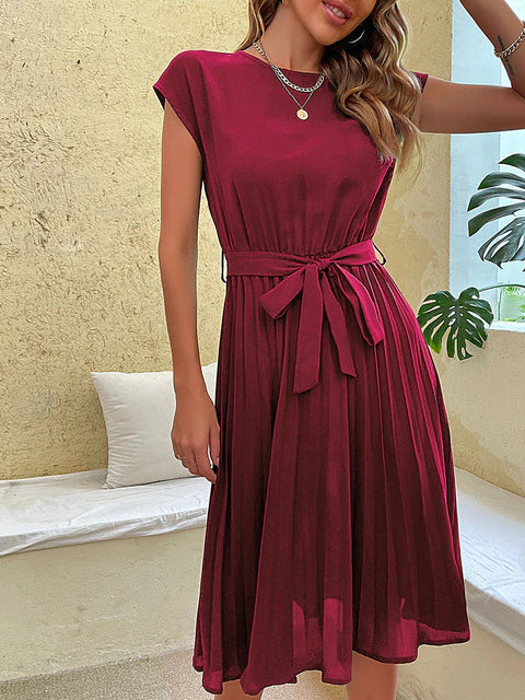 Kurzärmliges, Plissiertes, Lässiges Midikleid