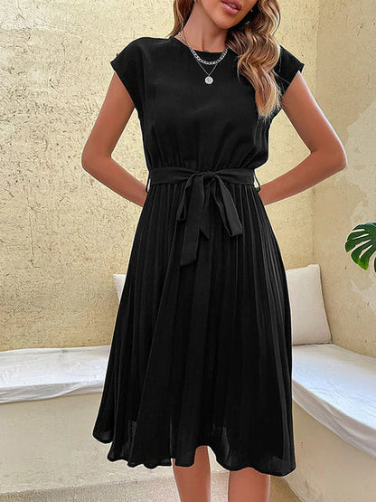 Kurzärmliges, Plissiertes, Lässiges Midikleid