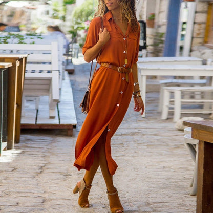Bohemian Midikleid Mit Klassischem Kragen Und Gürtel