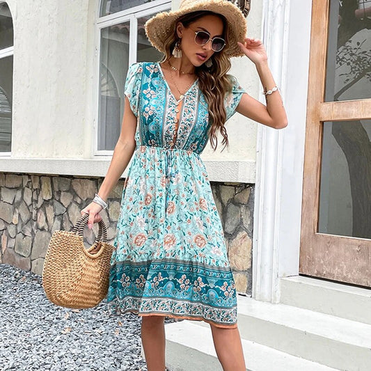Boho-Midikleid Mit V-Ausschnitt Und Blumenmuster