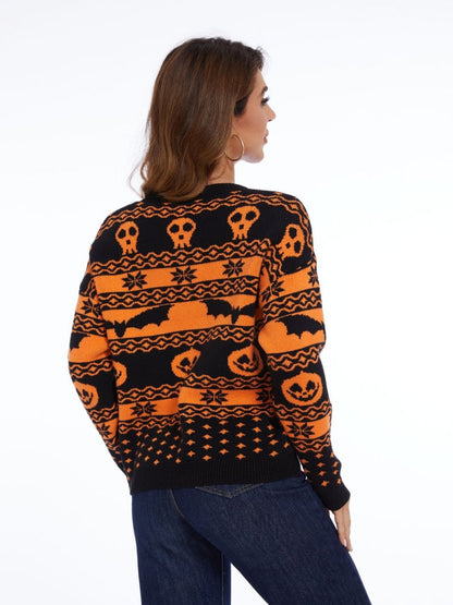 Rundhals-Strickpullover Mit Halloween-Kürbismuster