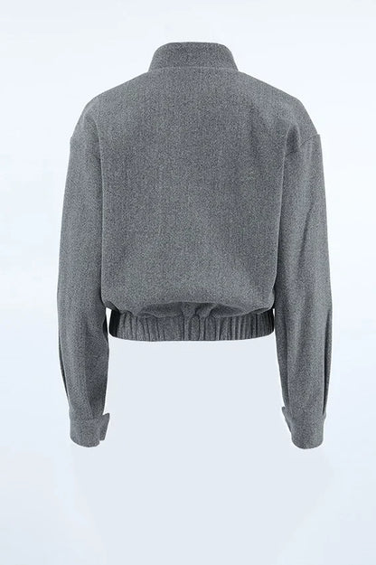 Elegante Kurze Graue Stehkragenjacke