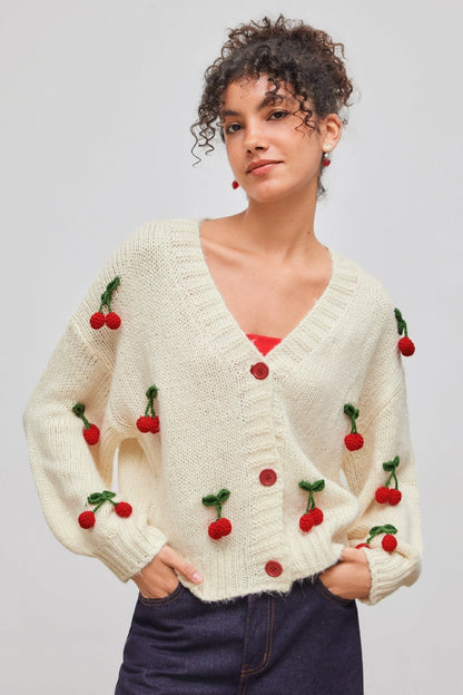 Elegante Strickjacke Mit Kirschmuster