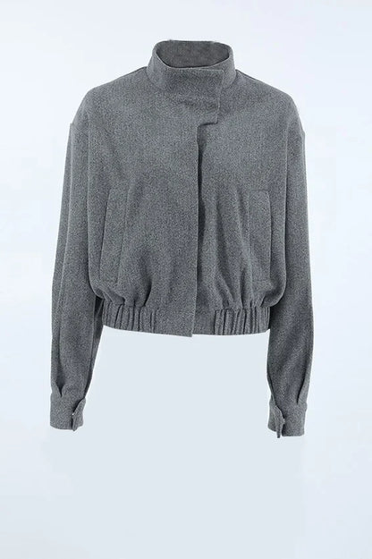 Elegante Kurze Graue Stehkragenjacke