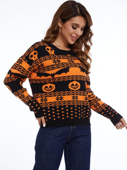 Rundhals-Strickpullover Mit Halloween-Kürbismuster