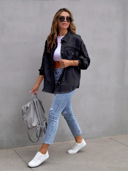 Jeansjacke Für Damen İn Großen Größen Mit Zerrissenen Details