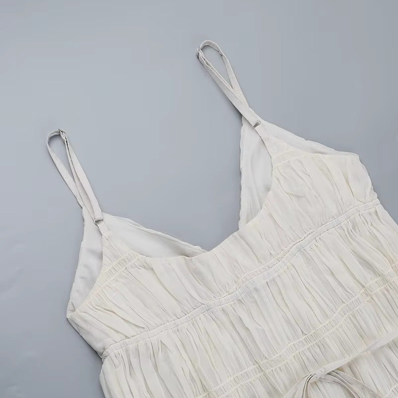 Sommerliches Ärmelloses Strand-/Partykleid Mit V-Ausschnitt Und Hoher Taille, Plissiertes Spaghetti-Träger