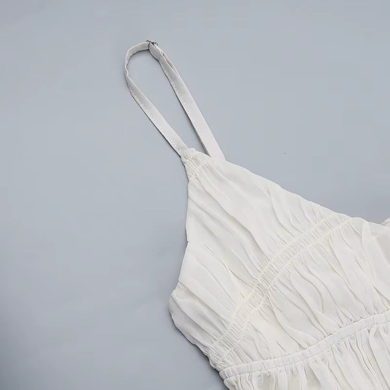 Sommerliches Ärmelloses Strand-/Partykleid Mit V-Ausschnitt Und Hoher Taille, Plissiertes Spaghetti-Träger