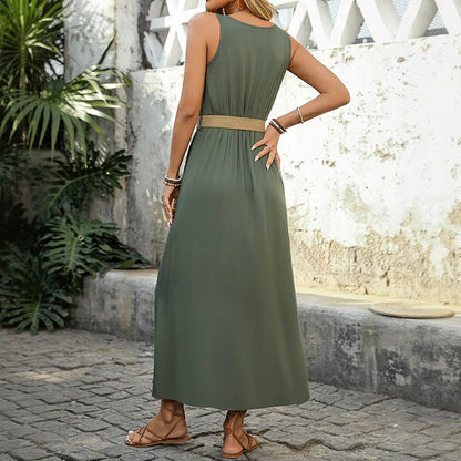 Einfarbiges, Lässiges, Langes Vintage-Midikleid İn A-Linie