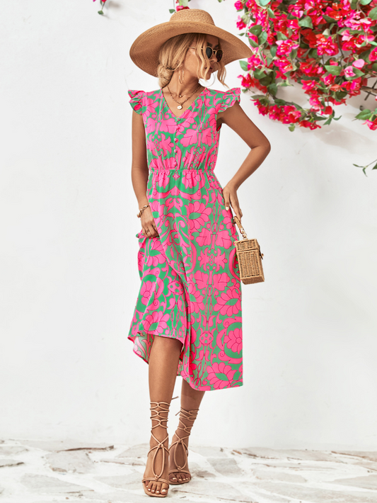 Gemustertes Midikleid Mit V-Ausschnitt