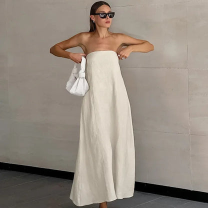 Khakifarbenes A-Linien-Kleid Aus Leinen Mit Taschen