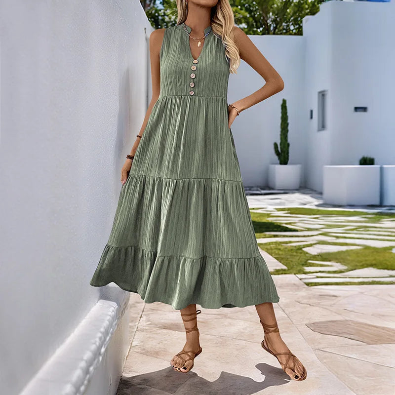 Einfarbiges Und Bequemes Weit Geschnittenes A-Linien-Midikleid