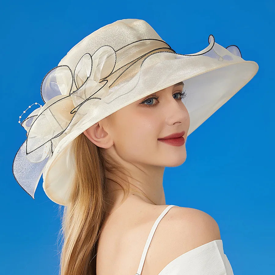 Stilvoller Sommer-Sonnenhut Für Damen, Atmungsaktiv, Gewebte Blume Mit Spitze – 56–58 Cm