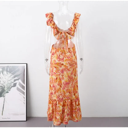 Langes Sommerkleid Mit Tiefem V-Ausschnitt Und Rüschen