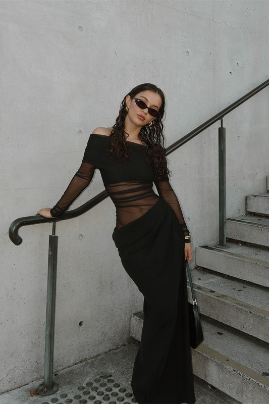 Schulterfreies Transparentes Maxi-Netzkleid