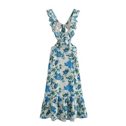 Langes Sommerkleid Mit Tiefem V-Ausschnitt Und Rüschen