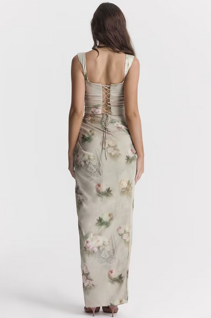 Maxikleid İm Korsett-Stil Mit Blumenmuster Und Schnürung