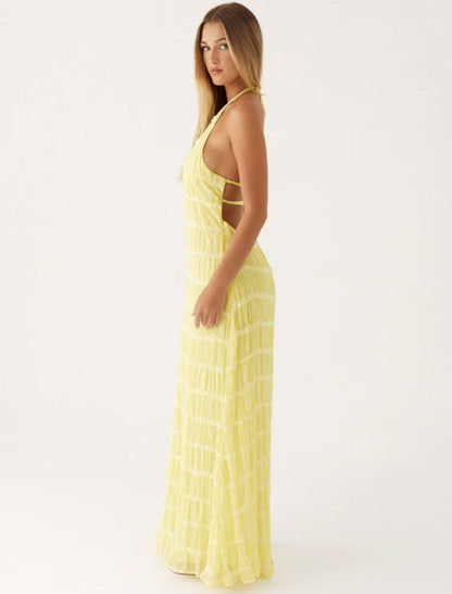 Stilvolles Neckholder-Kleid, Lang, Rückenfrei, Ärmellos, Lässig, Sommer-Strandkleid