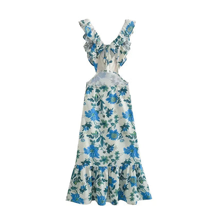 Langes Sommerkleid Mit Tiefem V-Ausschnitt Und Rüschen