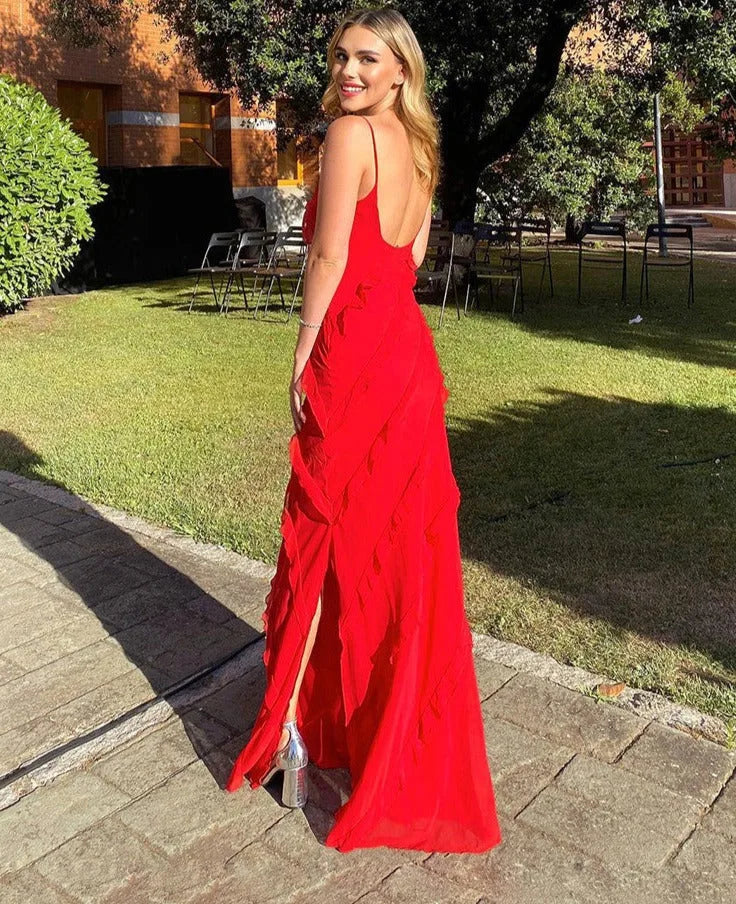 Rotes Chiffon-Maxikleid Mit Spaghettiträgern
