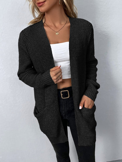 Damen-Cardigan Mit Langen Ärmeln, Taschen Und Offenem Frontdesign