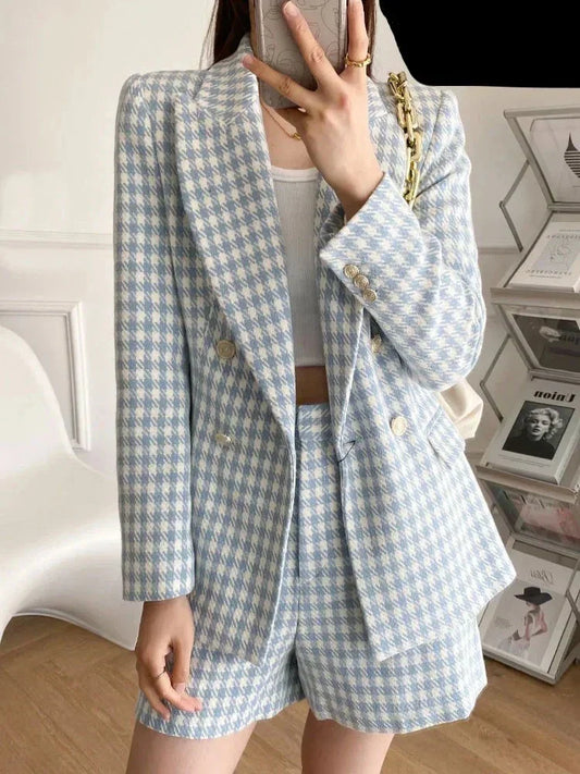Vintage Hahnentrittmuster Zweireihige Tweed Blazer Jacke - Taschen