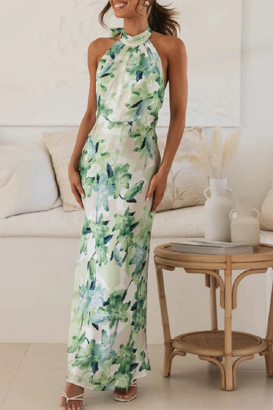 Elegantes Gemustertes Maxikleid Mit Nackenträgern