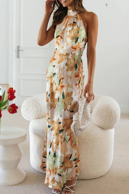 Elegantes Gemustertes Maxikleid Mit Nackenträgern