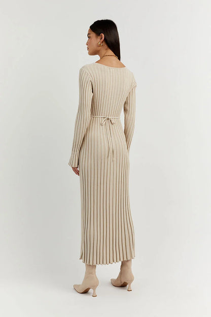 Elegantes Langarm-Midikleid Mit V-Ausschnitt