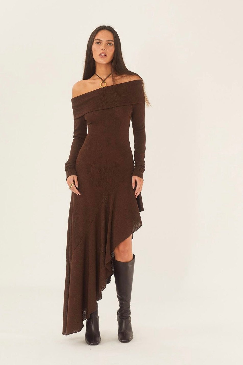 Schulterfreies, Asymmetrisches Midikleid