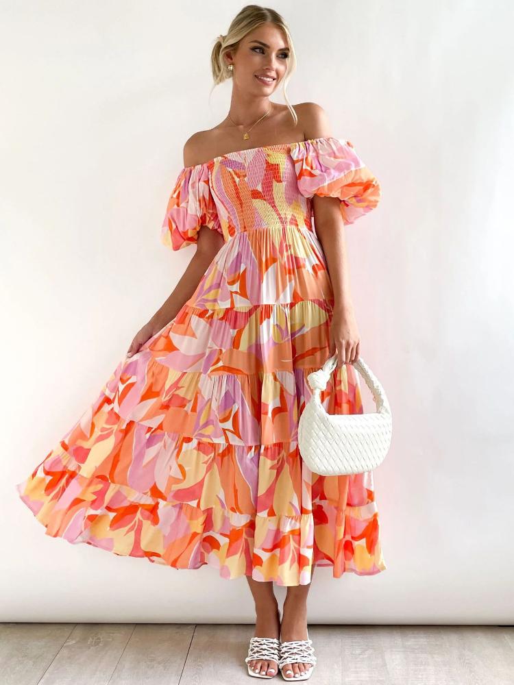 Trägerloses Maxikleid Mit Blumenmuster Und Puffärmeln