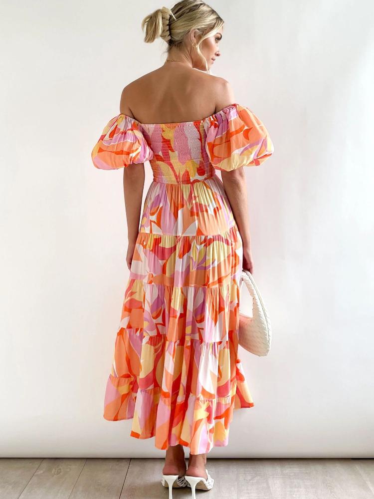 Trägerloses Maxikleid Mit Blumenmuster Und Puffärmeln