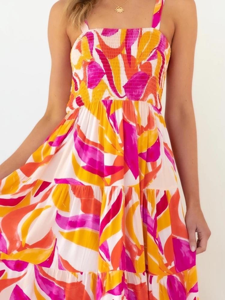 Gemustertes, Plissiertes Maxi-Sommerkleid Mit Lagenmuster