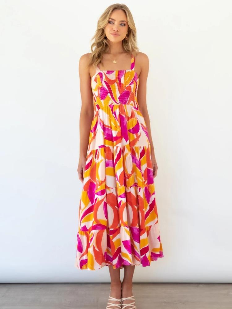 Gemustertes, Plissiertes Maxi-Sommerkleid Mit Lagenmuster