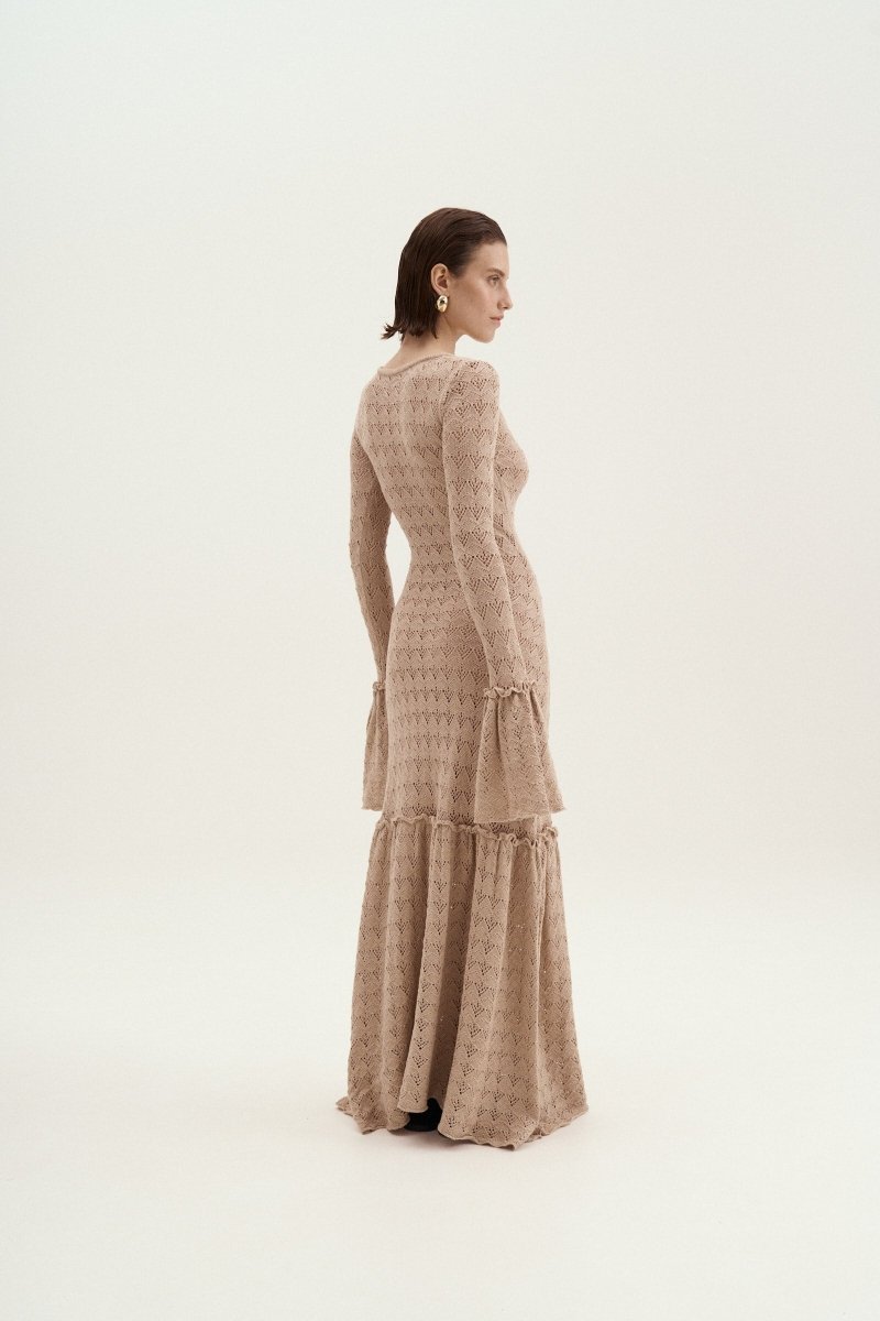 Maxi-Strickkleid Mit Rundhalsausschnitt, Volant Und Bündchen