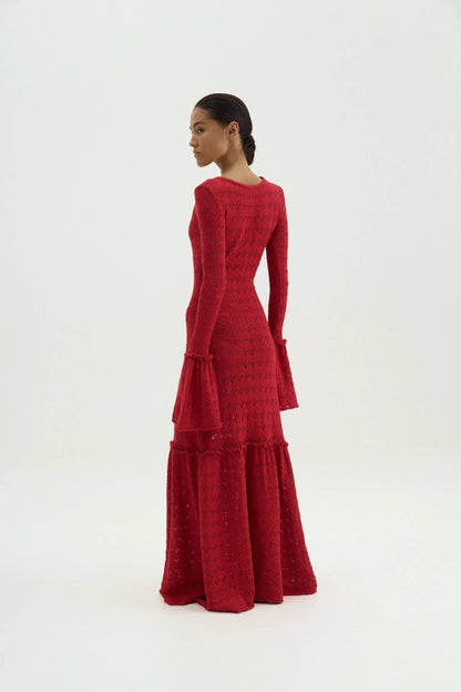 Maxi-Strickkleid Mit Rundhalsausschnitt, Volant Und Bündchen