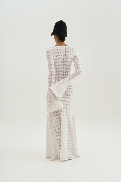 Maxi-Strickkleid Mit Rundhalsausschnitt, Volant Und Bündchen