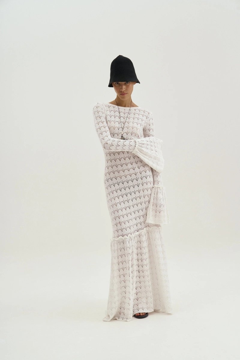 Maxi-Strickkleid Mit Rundhalsausschnitt, Volant Und Bündchen