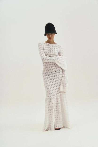 Maxi-Strickkleid Mit Rundhalsausschnitt, Volant Und Bündchen