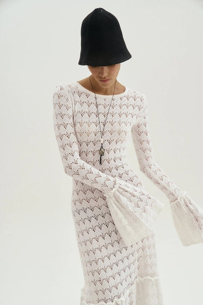 Maxi-Strickkleid Mit Rundhalsausschnitt, Volant Und Bündchen